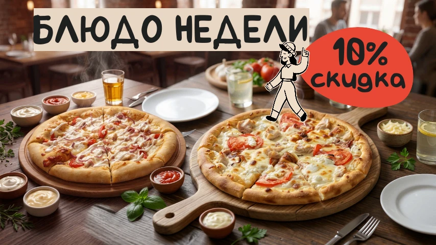 до 4 октября скидка 10% на пиццы 28 см, 33 см, 40 см