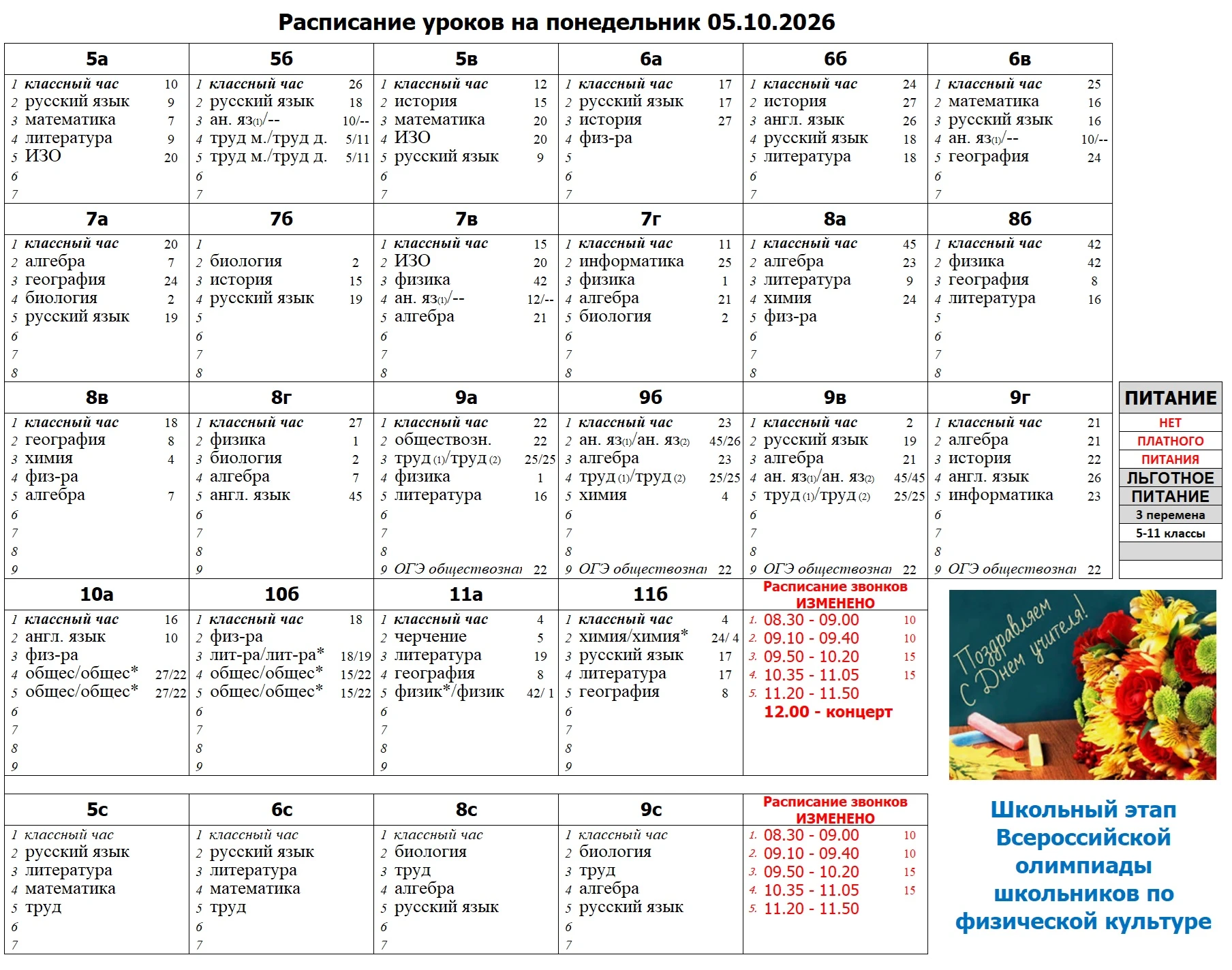 Расписание уроков на понедельник 05.10.2026