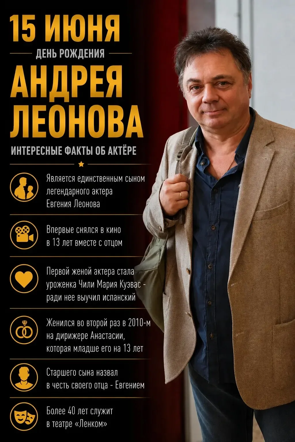 Андрею Леонову - 67 🎭

Миллионы зрителей знают его как Сергея Васнецова из «Папиных дочек» - заботл
