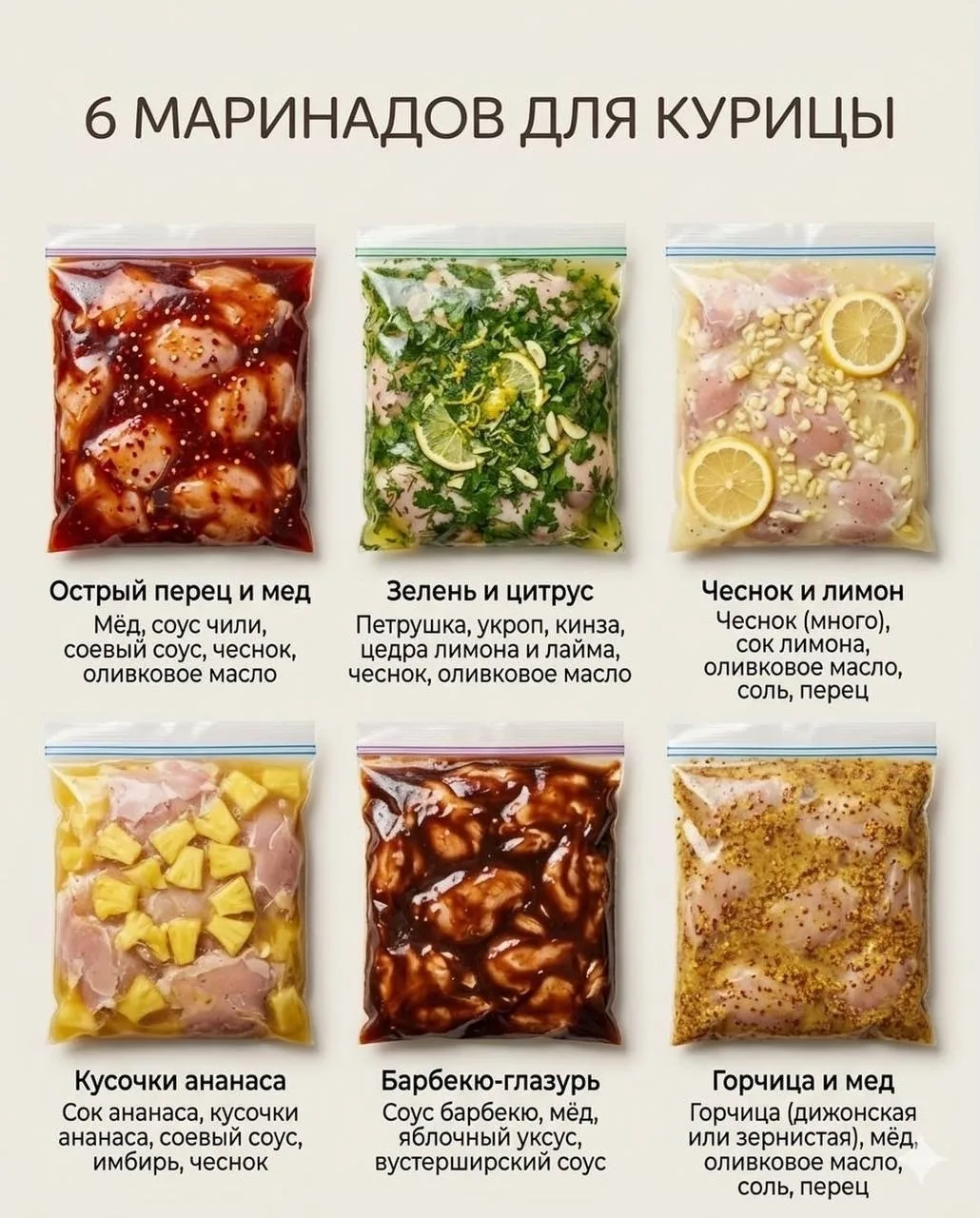 🍗 6 идеальных маринадов для курицы: сохраняем🔥  1. Острый мёд: 💛мёд 1 ст.л. 💛соус чили 1 ст.л. 💛соев