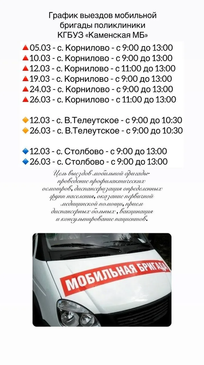 График выездов мобильного ФАПа и мобильной бригады в Каменском районе  в марте 2026г.  Информация: К