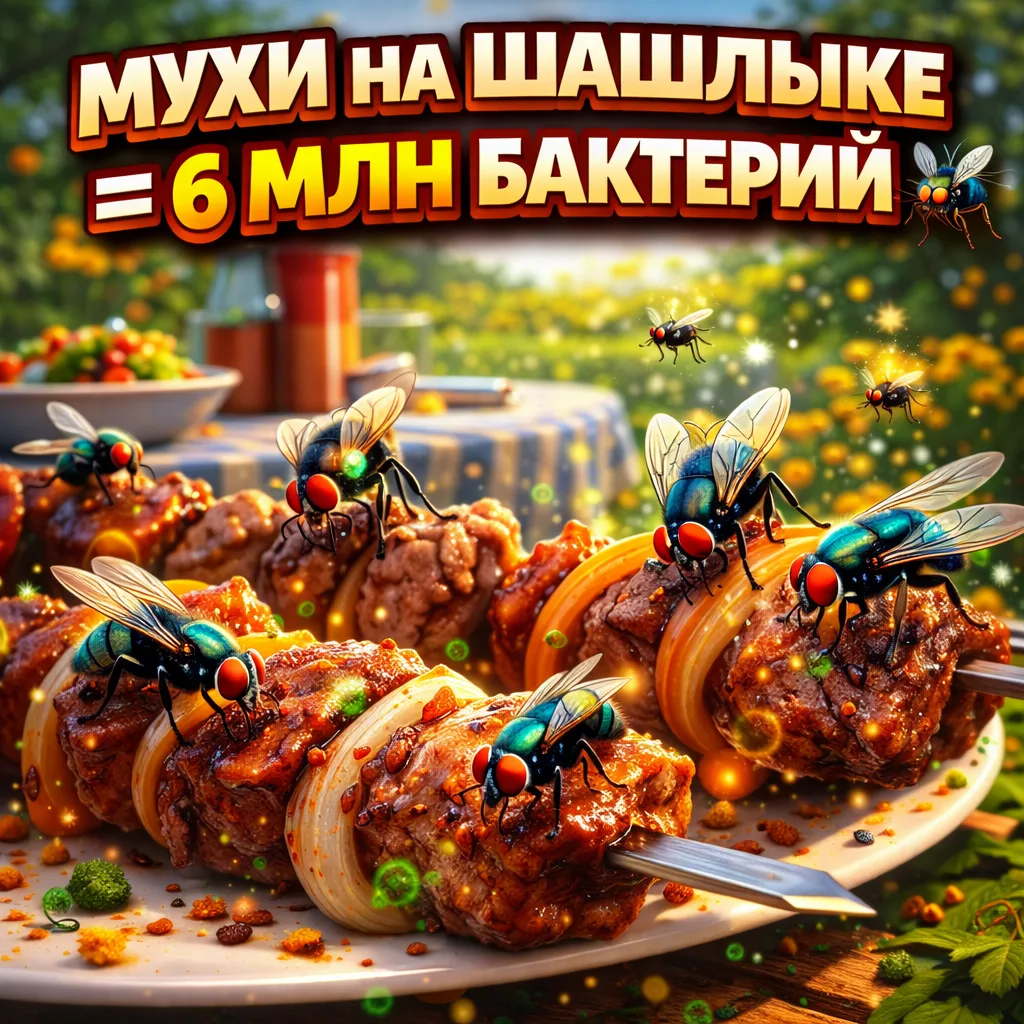 Мухи на майском шашлыке = 6 миллионов бактерий за 8 секунд
Муха летает от мусорки к мясу за 8 секунд