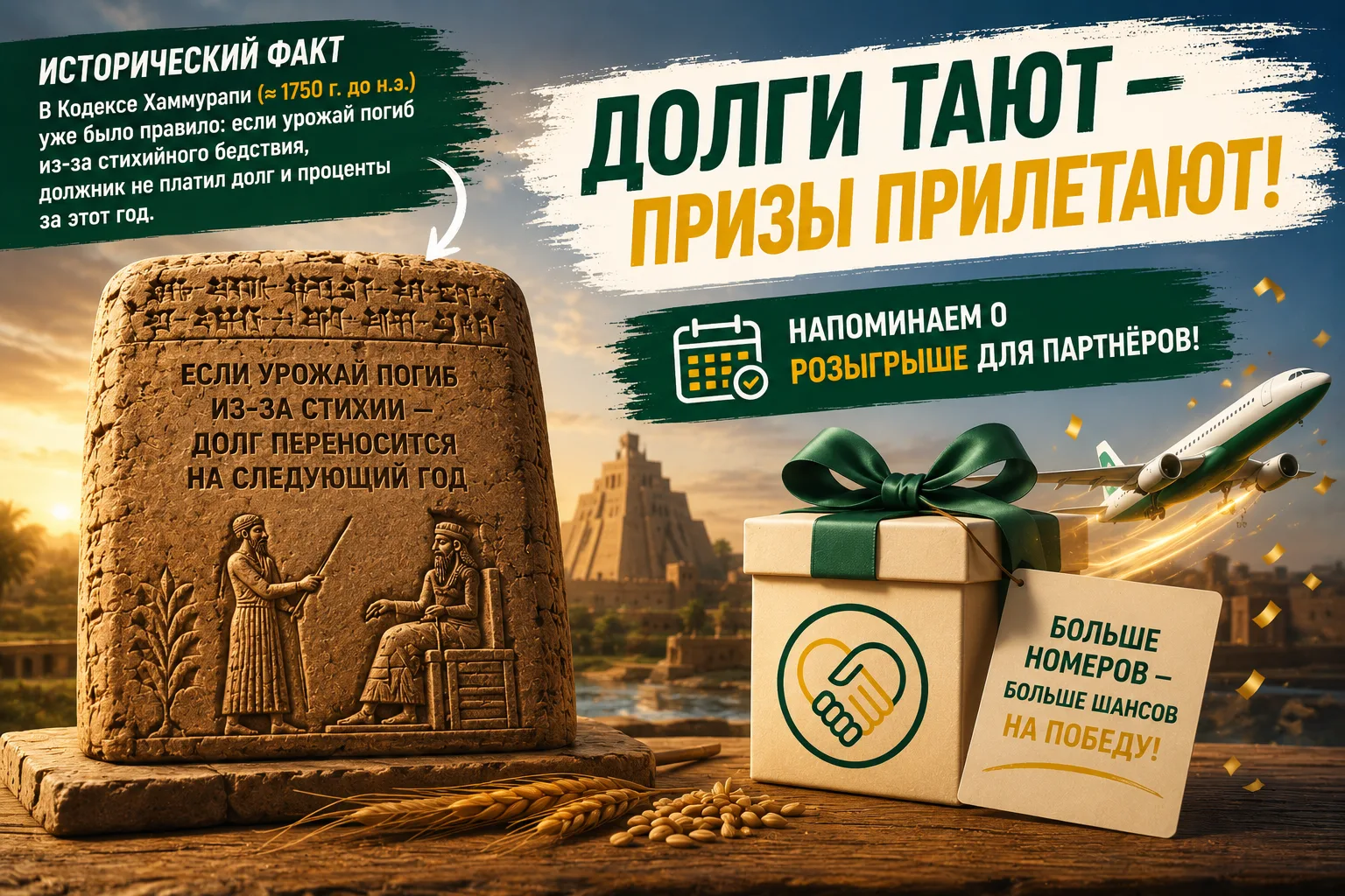 Исторический факт: почти 4 000 лет назад долги уже умели ставить на паузу.

В Кодексе Хаммурапи было