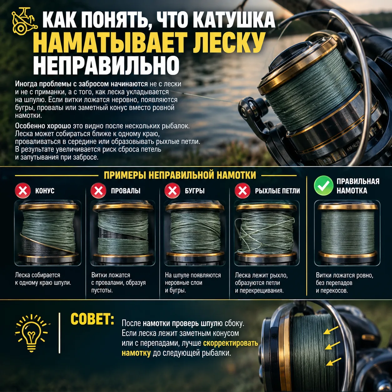🎣 Как понять, что катушка наматывает леску неправильно