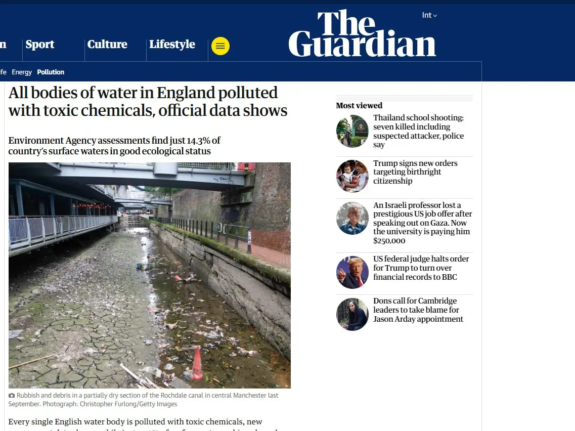 Почти все водоемы в Англии загрязнены токсичными химикатами, – The Guardian

По данным Британского А