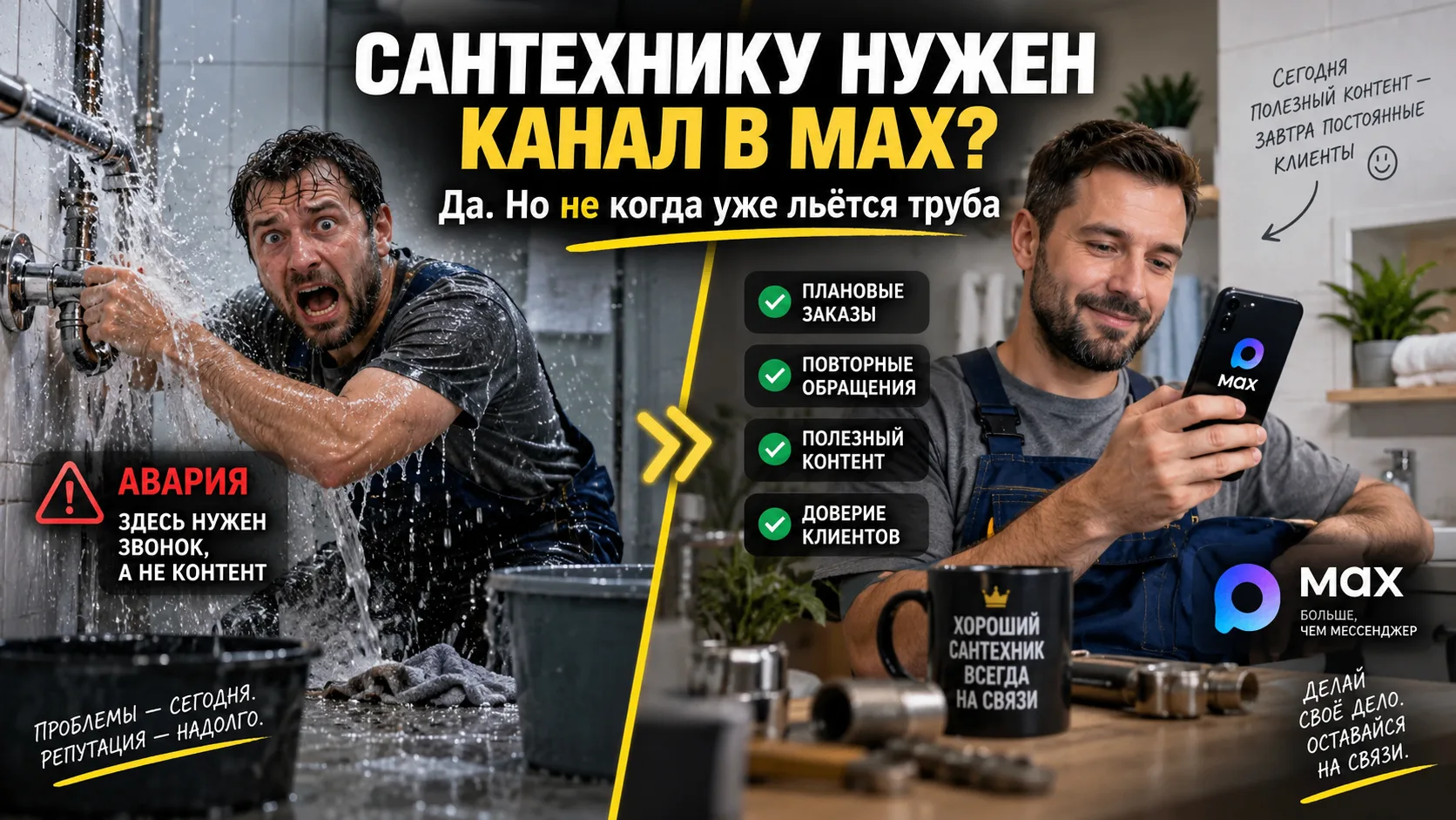 🔧 САНТЕХНИКУ НУЖЕН КАНАЛ В MAX? ДА. НО НЕ ТОГДА, КОГДА У ЧЕЛОВЕКА УЖЕ ЛЬЁТСЯ ТРУБА