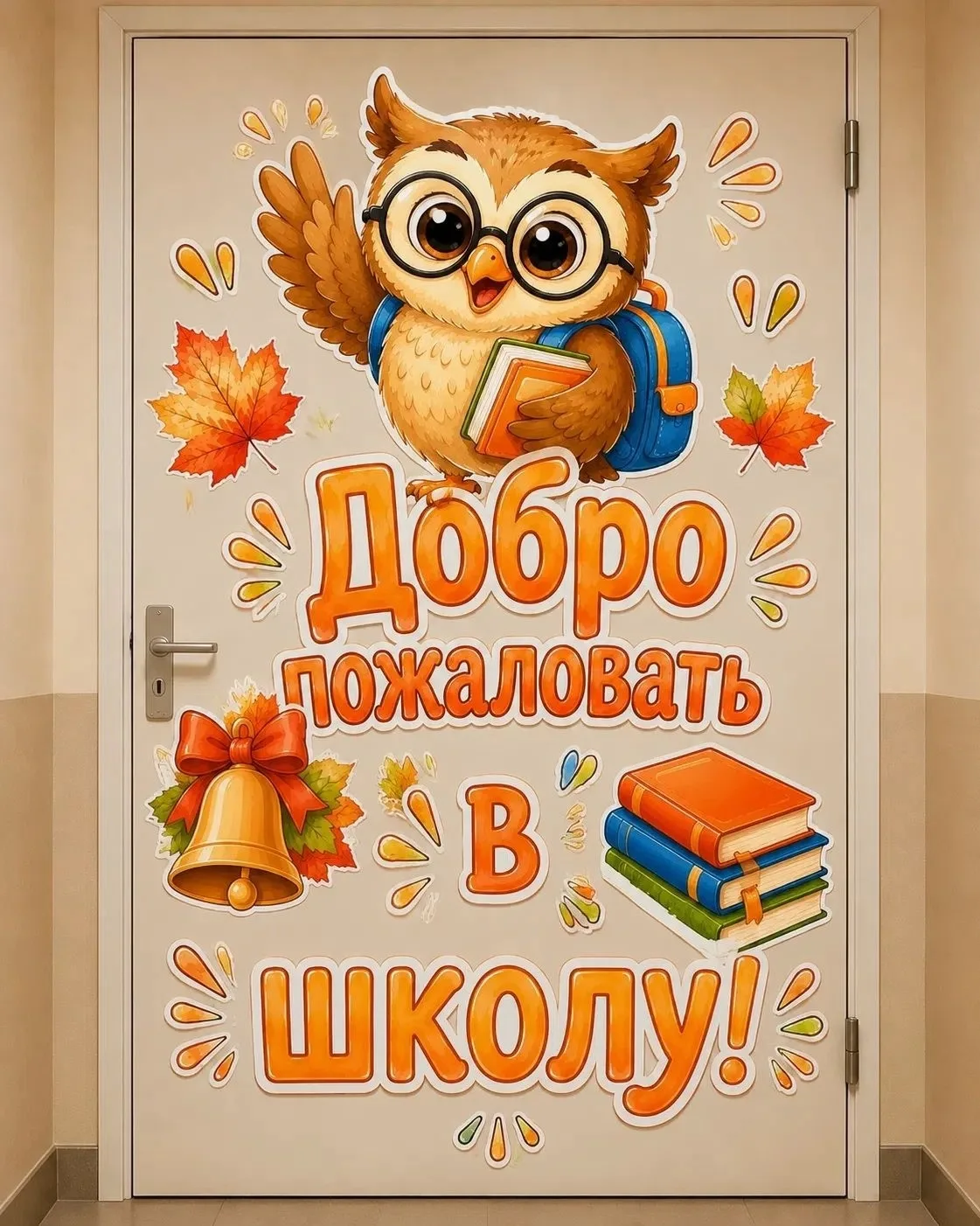 Вариант яркого украшения на дверь с крупной надписью и совой ко Дню знаний. Автор