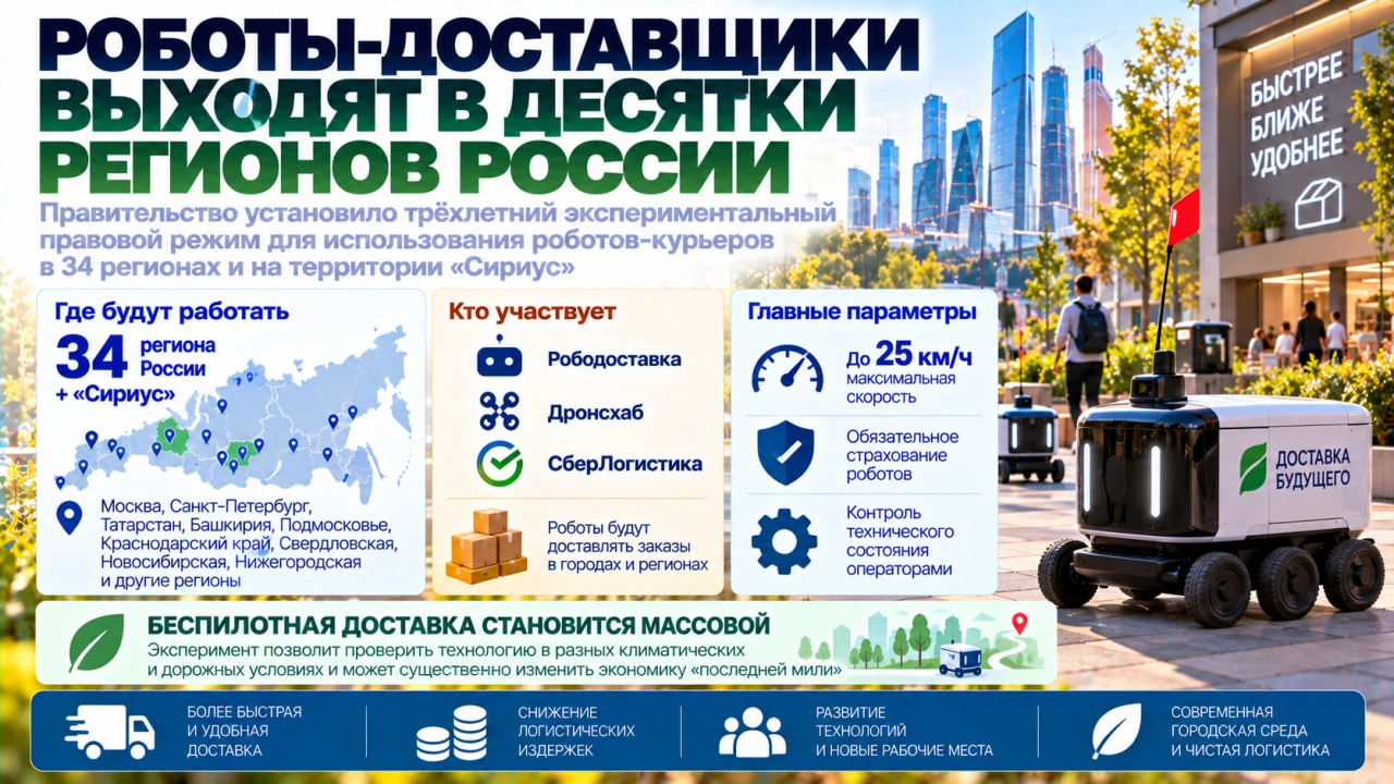 Роботы-доставщики выходят сразу в десятки российских регионов, пишет «Коммерсантъ». Бес...