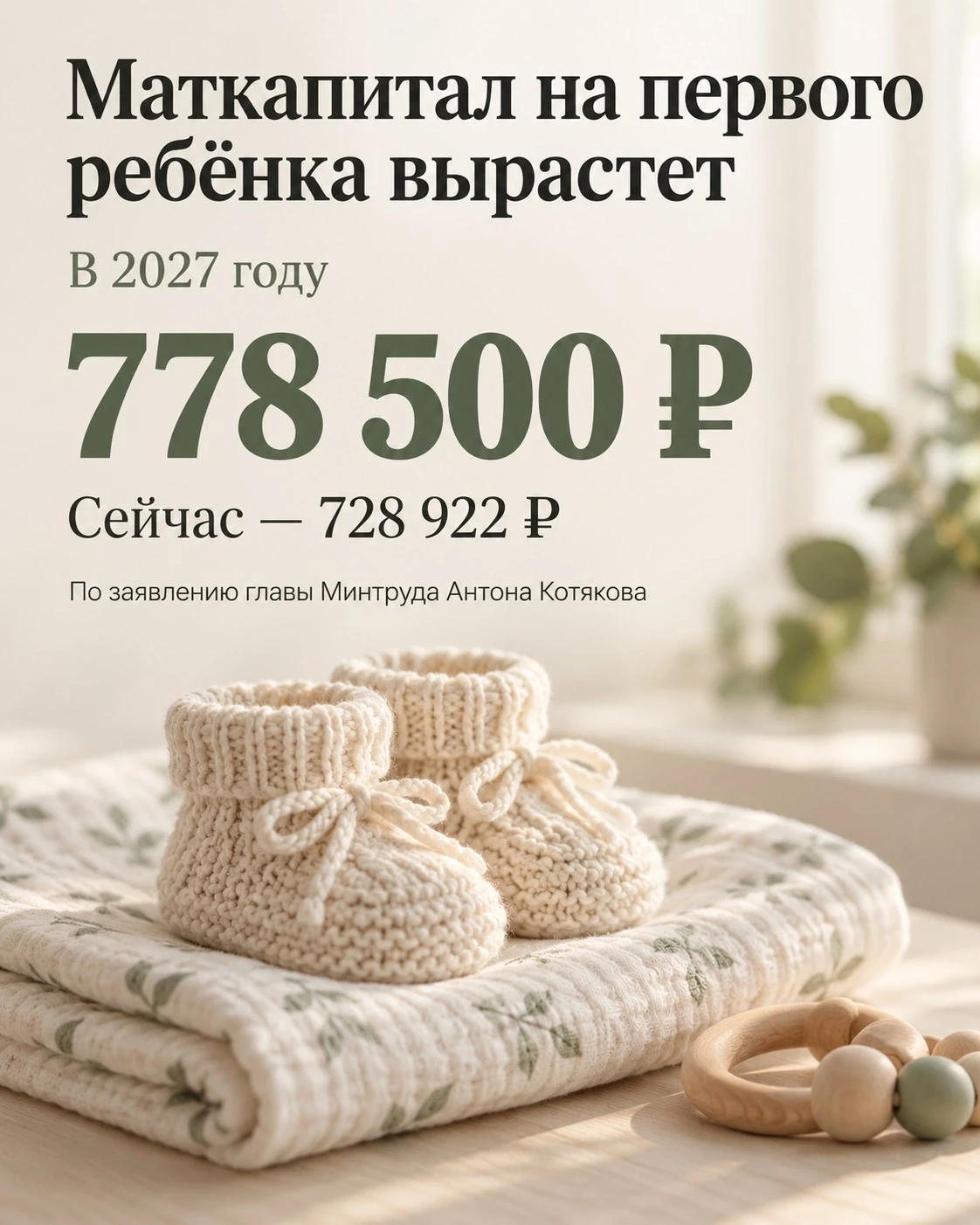 Маткапитал на первого ребенка в 2027 году увеличат до 778,5 тысячи рублей, — глава Минт...