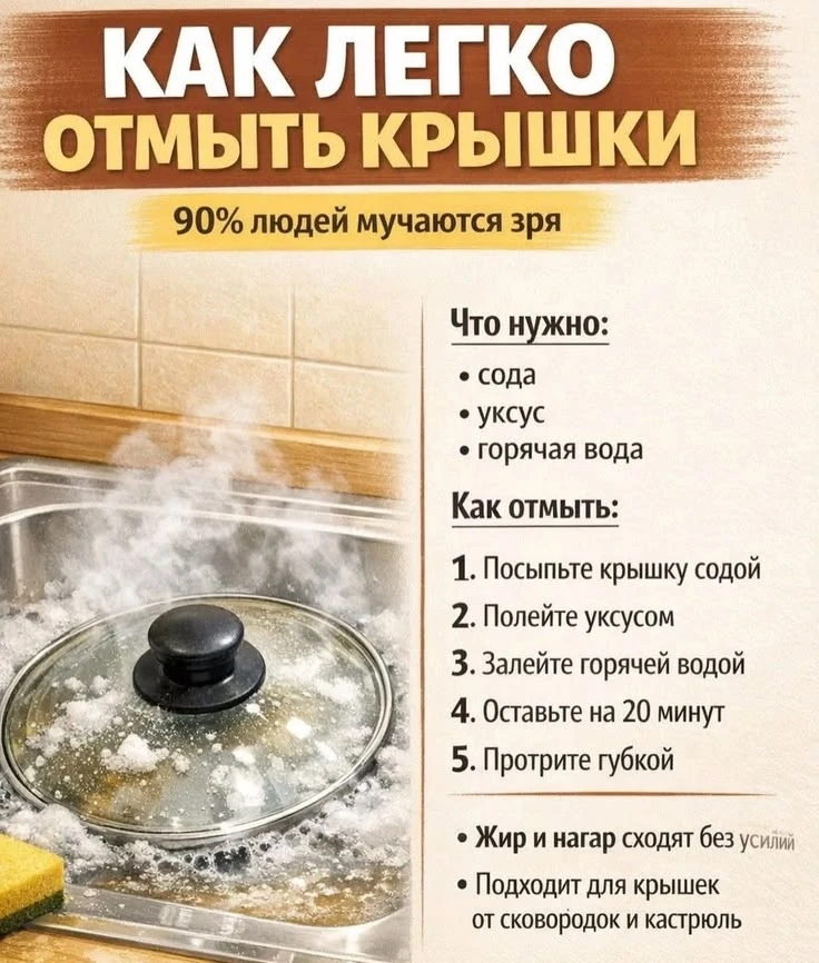 Как легко отмыть крышки ✨

🥄 сода
🍇 уксус
💧 горячая вода

1️⃣ Посыпьте крышку содой
2️⃣ Полейте у