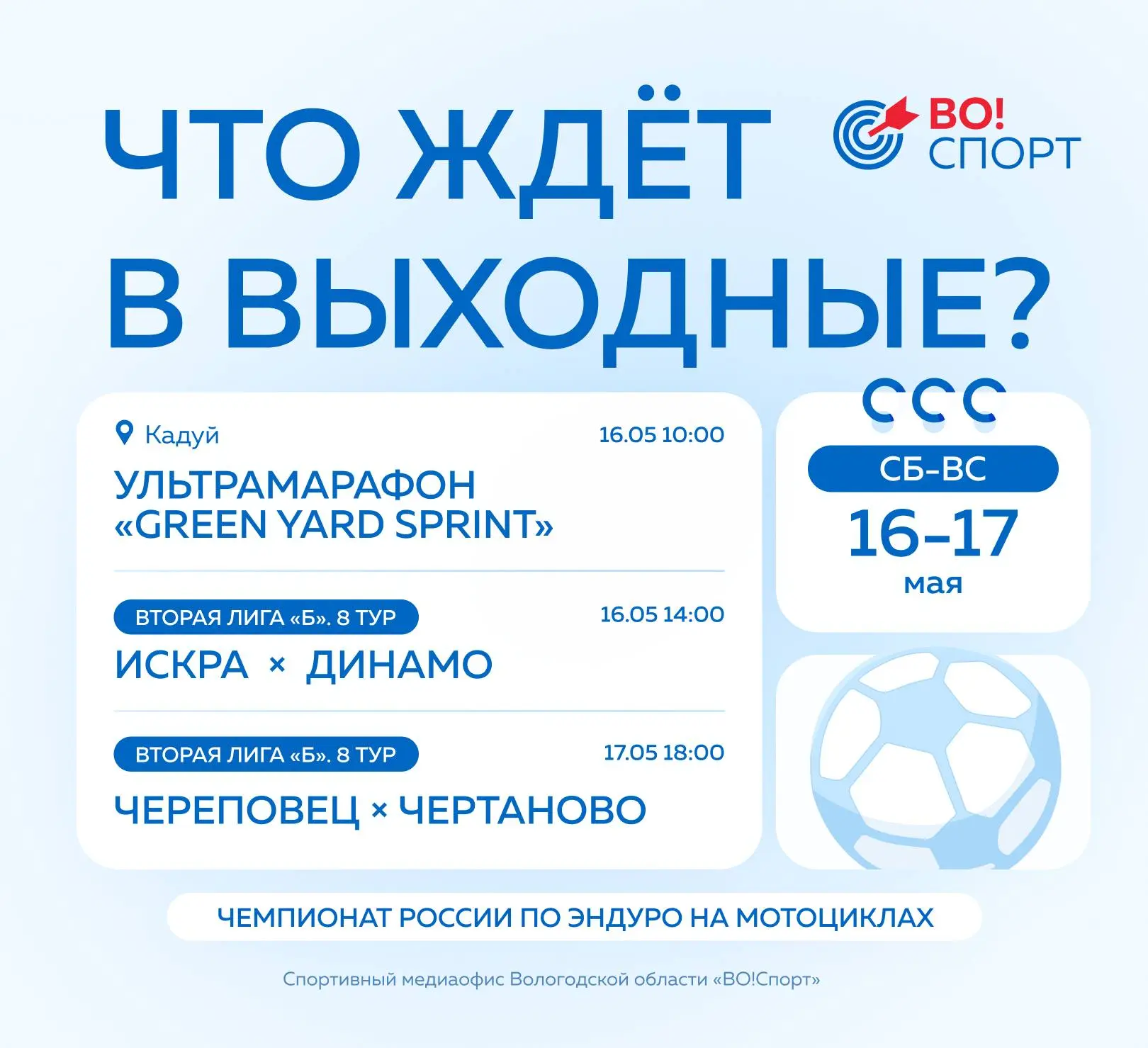 Спортивный медиаофис Вологодской области сделал подборку мероприятий, которые пройдут 16 и 17 мая  В