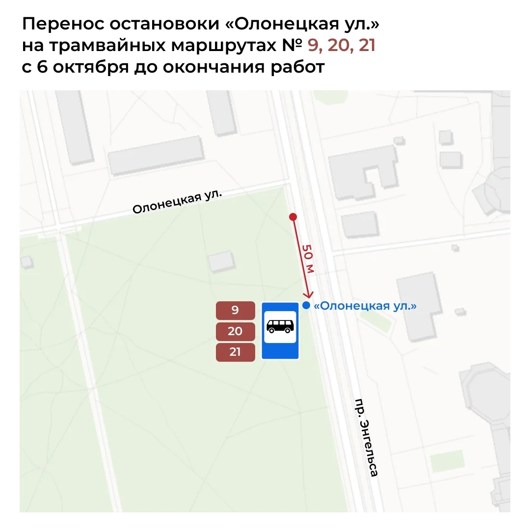 Остановка «Олонецкая улица» трамваев № 9, 20, 21 (при следовании к метро "Удельная") с ...
