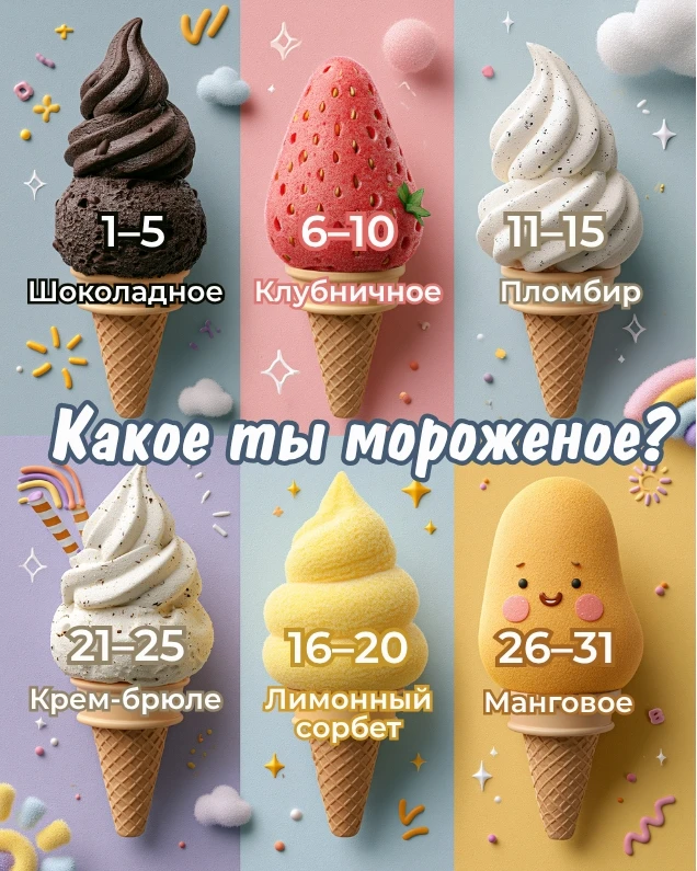 🍦  Дата рождения = вкус мороженого

Есть только один способ узнать, какое мороженое создано именно 