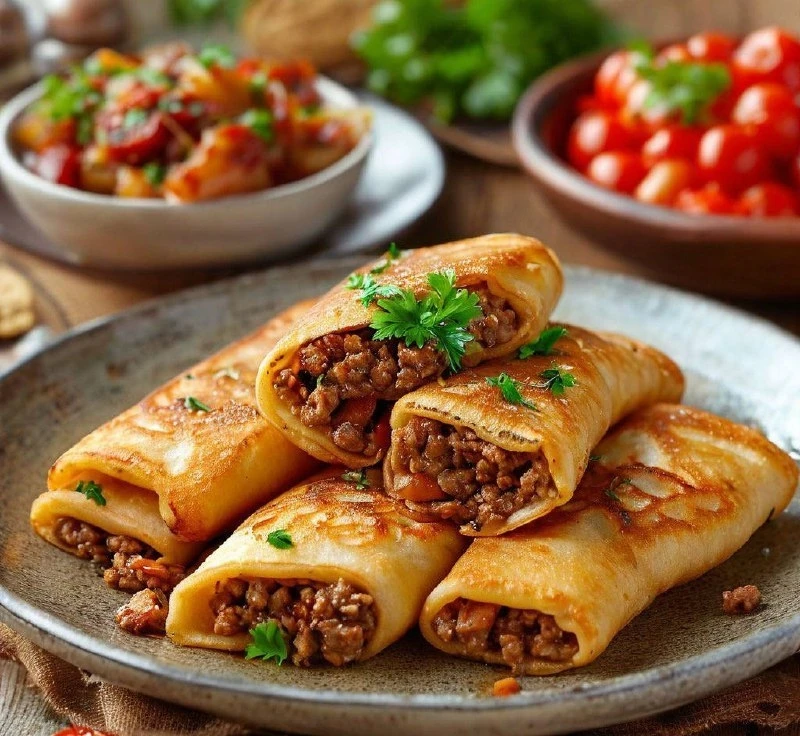 Фаршированные блины с мясом и сыром