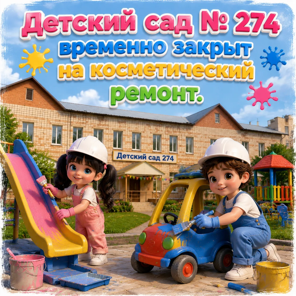 🔨 Уважаемые родители!
Сообщаем, что МАДОУ Детский сад № 274 временно закрыт на косметический ремонт