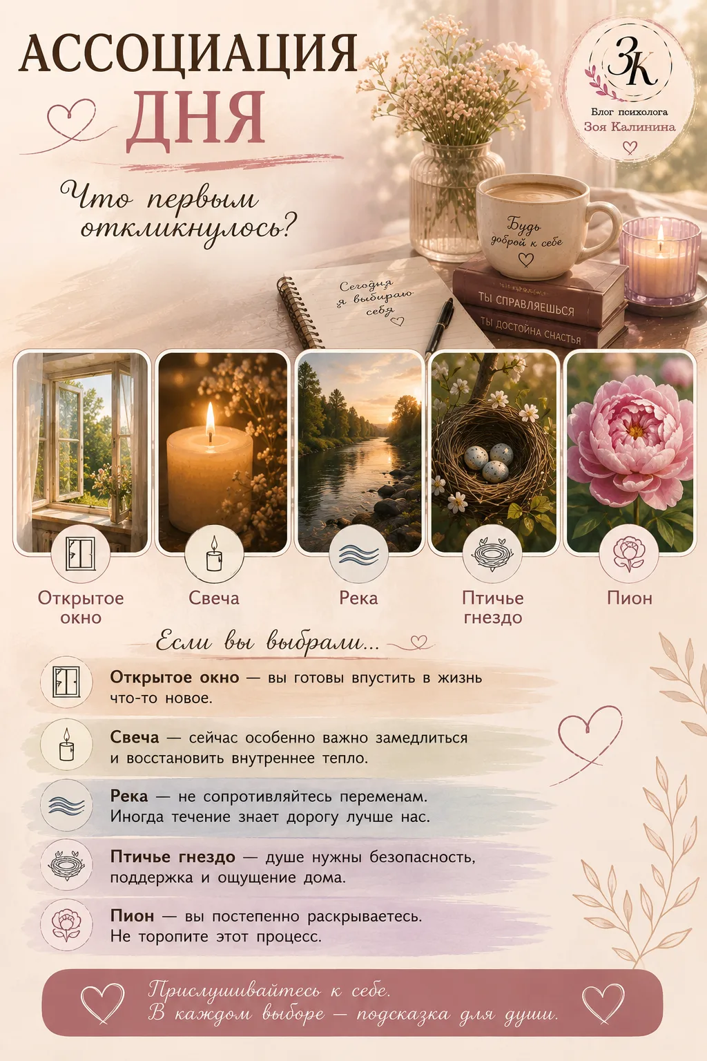 🎨 АССОЦИАЦИЯ ДНЯ

Что первым откликнулось?

🪟 Открытое окно

🕯️ Свеча

🌊 Река

🪺 Птичье гнездо
