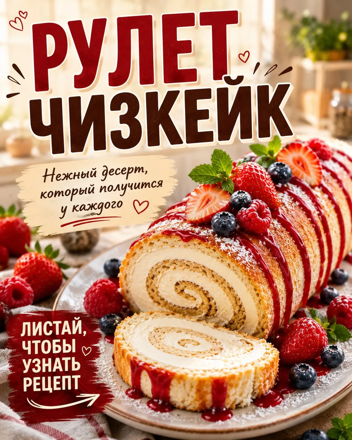 🍓 Рулет-чизкейк, который покоряет с первого кусочка

📝 Бисквит

• Яйца — 4 шт.
• Сахар — 100 г
• М