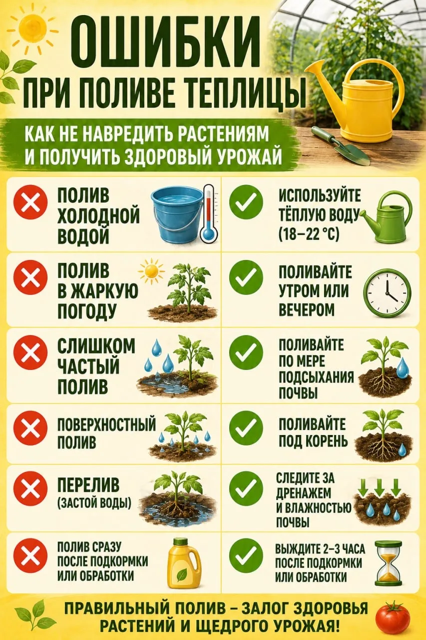 🌿 Ошибки при поливе теплицы 

В теплице растения особенно чувствительны к режиму полива. Перелив, х