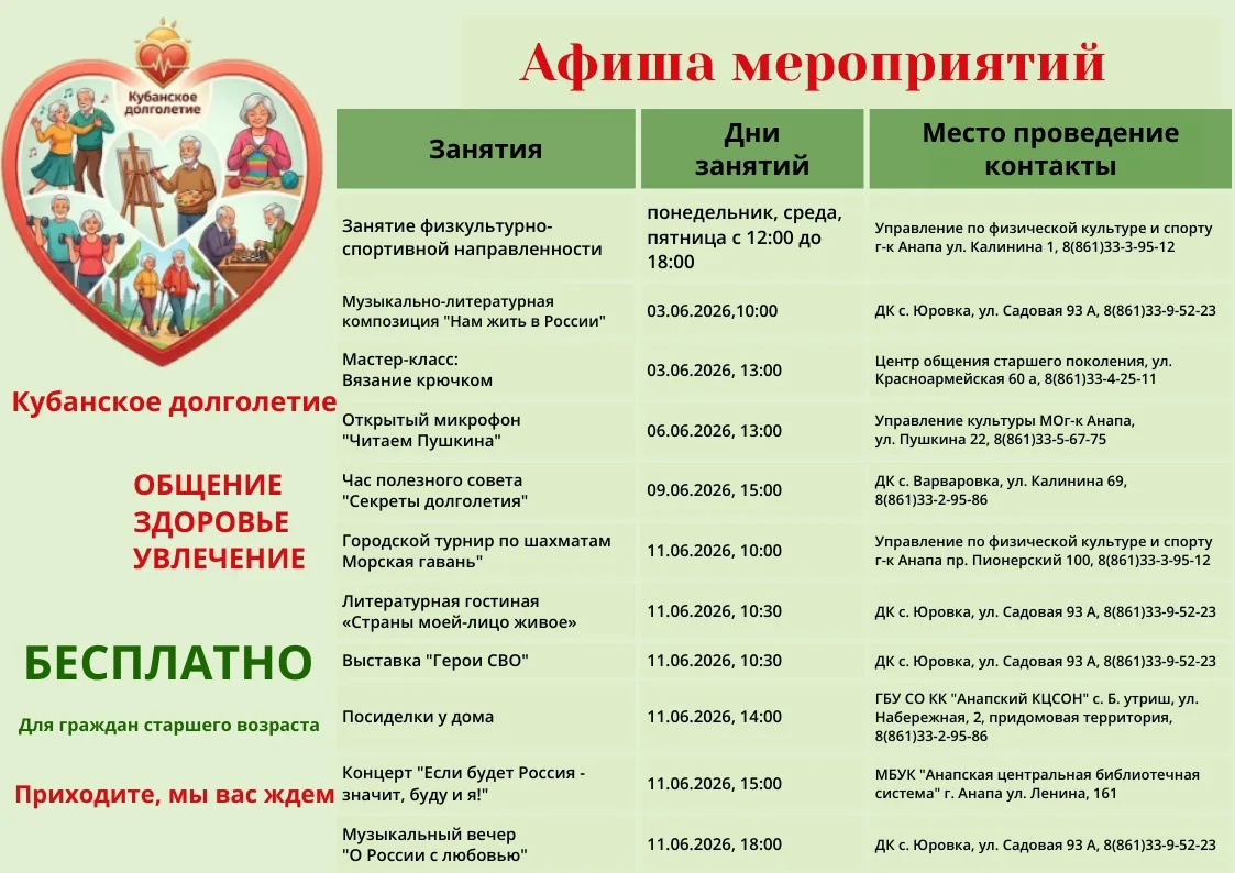 🌷 Афиша мероприятий "Кубанское долголетие" 🌷