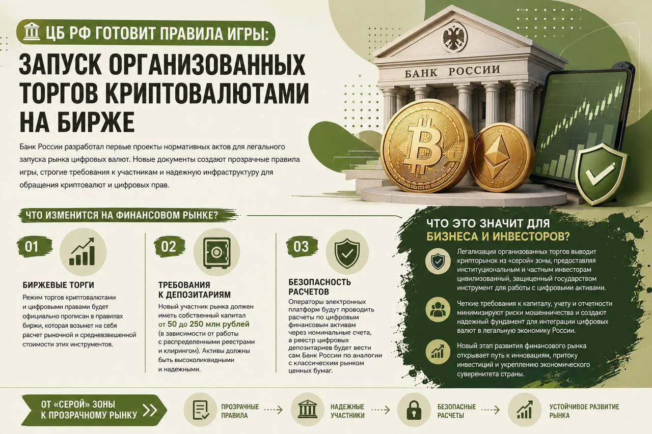 🪙 ЦБ РФ готовит правила игры: запуск организованных торгов криптовалютами на бирже