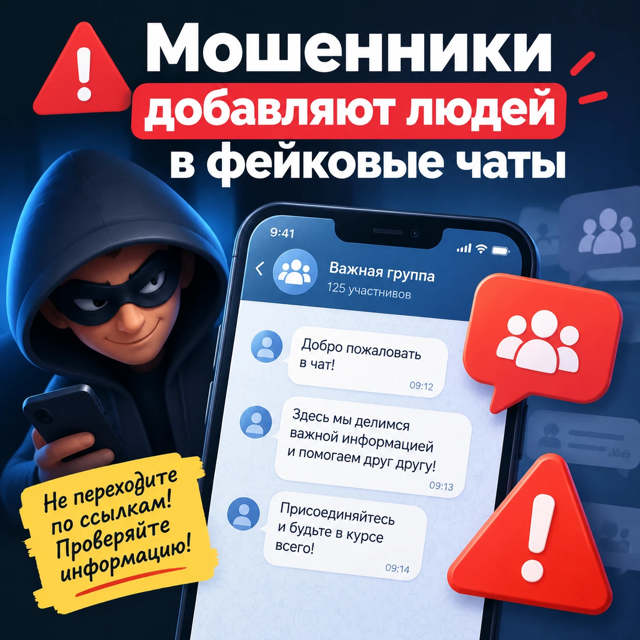 ⚠️ Мошенники добавляют людей в фейковые чаты