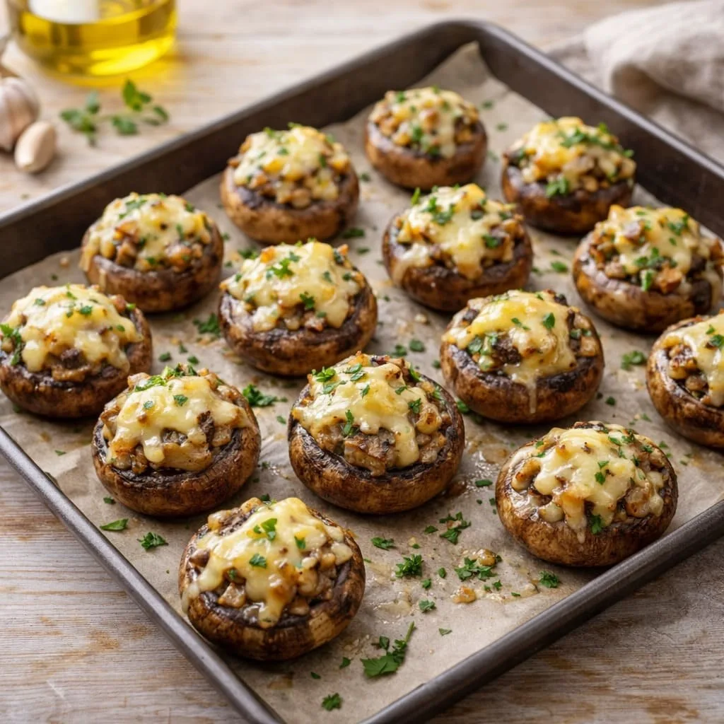 ШАМПИНЬОНЫ ФАРШИРОВАННЫЕ СЫРОМ И ЗЕЛЕНЬЮ

Запечённые шампиньоны с начинкой из плавленого сыра, чесно
