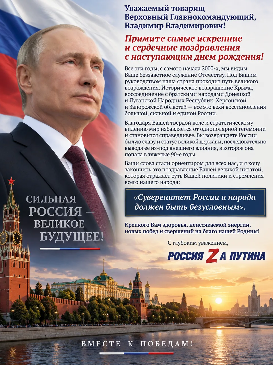 Уважаемый товарищ Верховный Главнокомандующий, Владимир Владимирович!