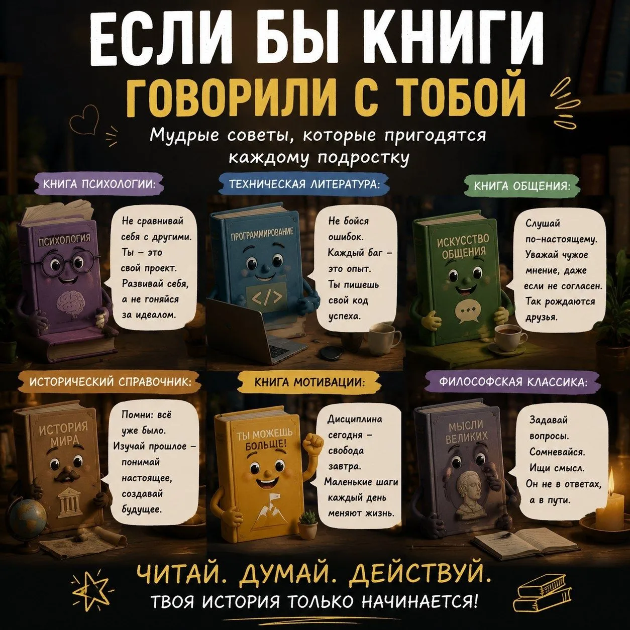 Представьте, что книги действительно начали давать мудрые советы подросткам. Вот какими...