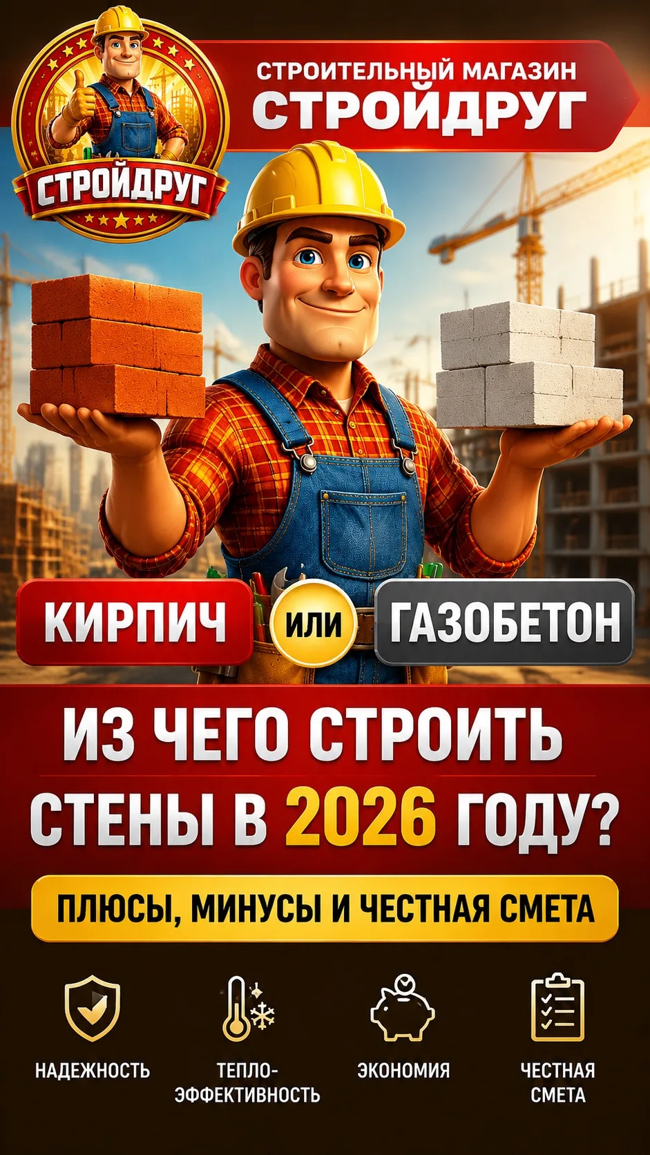 🧱 Кирпич или газобетон: из чего строить стены в 2026 году? Плюсы, минусы и честная смета!