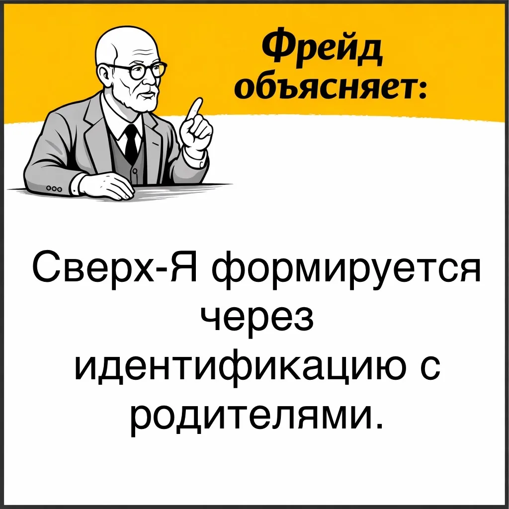 Фрейд описывал, как внешние нормы и запреты постепенно становятся внутренними.   Ребёнок усваивает т