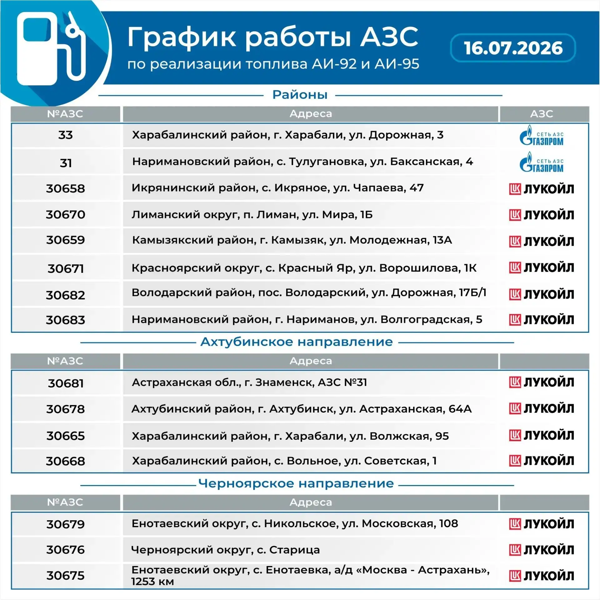 График работ АЗС на 16 июля
