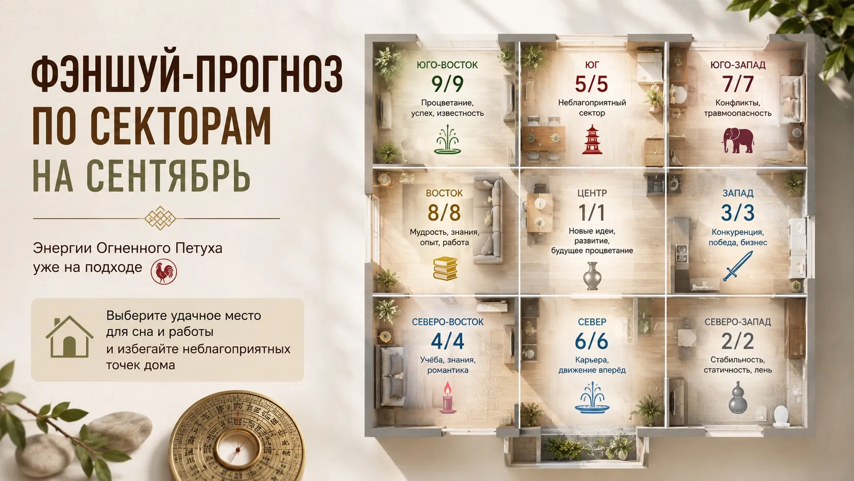 🏠 ФЭНШУЙ-ПРОГНОЗ ПО СЕКТОРАМ НА СЕНТЯБРЬ