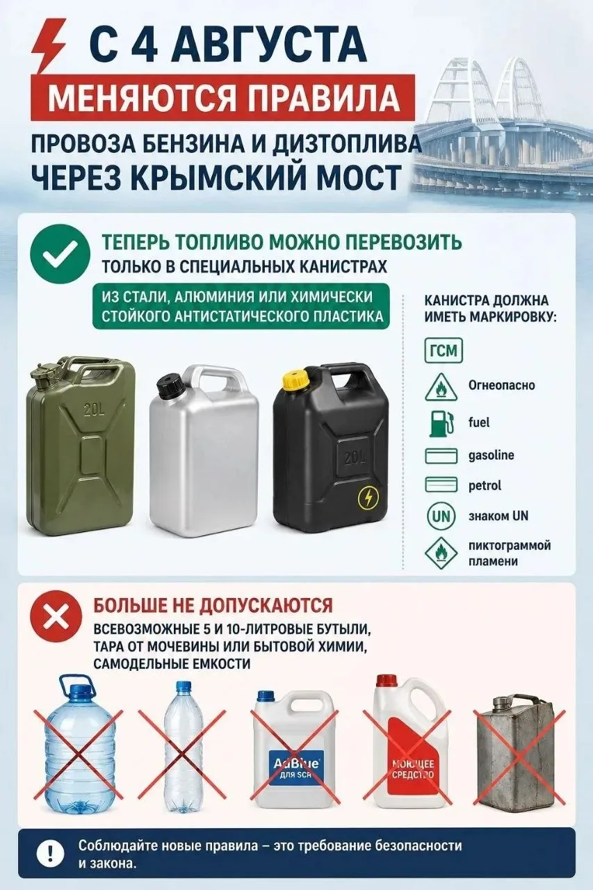 ⚡️ С 4 августа меняются правила провоза бензина и дизтоплива через Крымский мост.

Теперь топливо мо