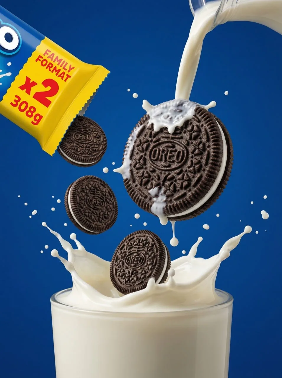 Ultra-realistic editorial food commercial photography, dynamic milk splash scene with Oreo sandwich 