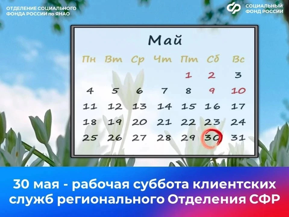 📢 30 мая — рабочая суббота клиентских служб Отделения СФР по Ямало-Ненецкому автономно...