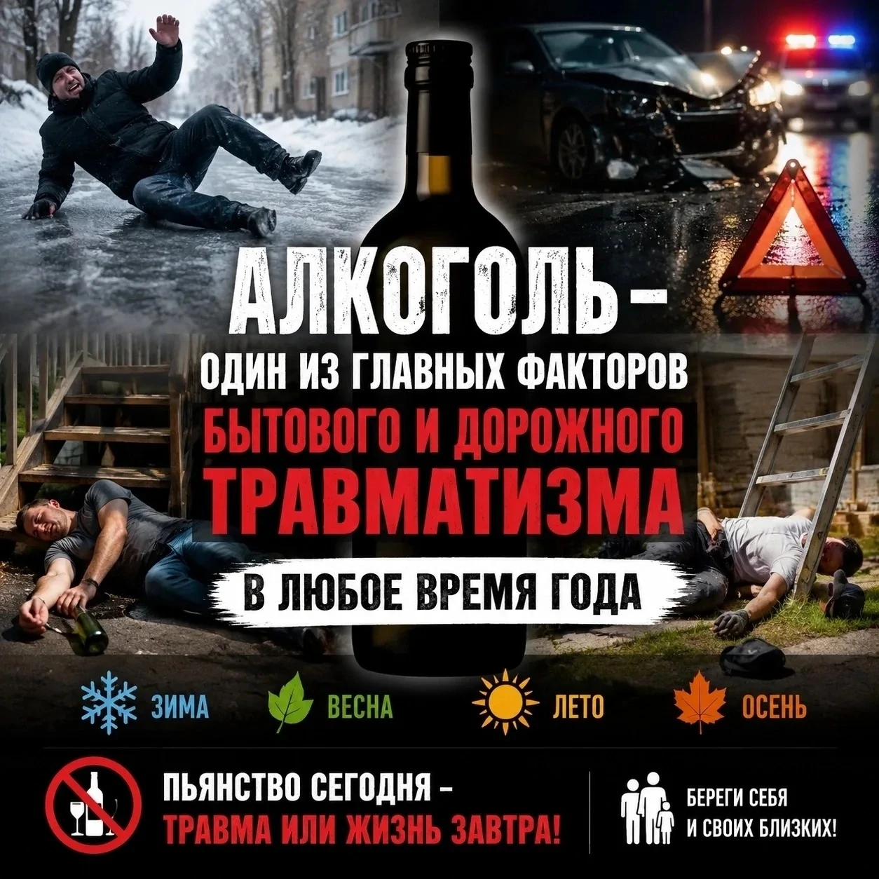 ⚡️Алкоголь – один из главных факторов бытового и дорожного травматизма в любое время года!

Уже чере