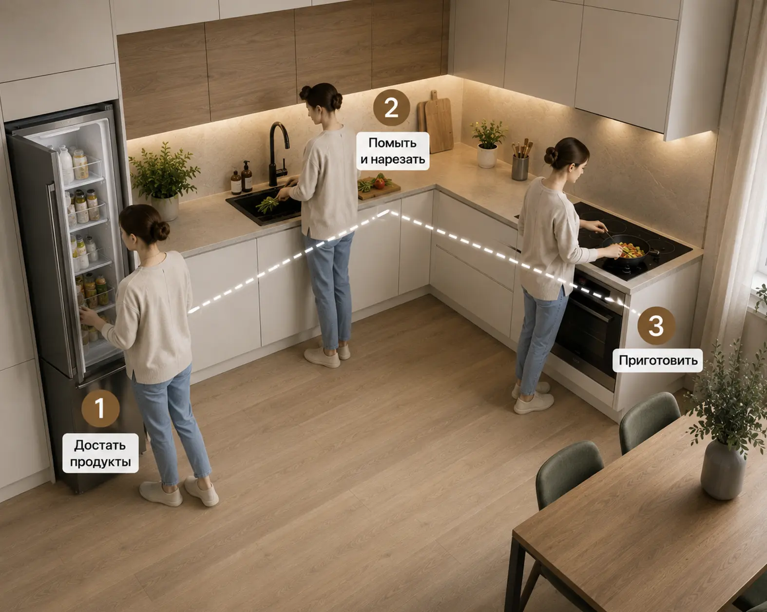 Есть правило, которым пользуются дизайнеры кухонь, чтобы кухня была действительно удобн...