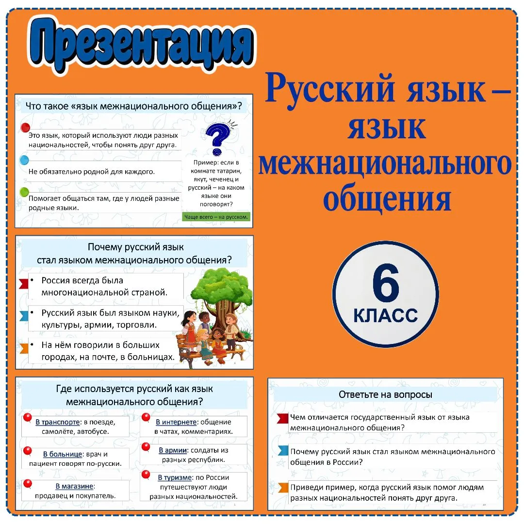 Презентация «Русский язык – язык межнационального общения», 6 класс