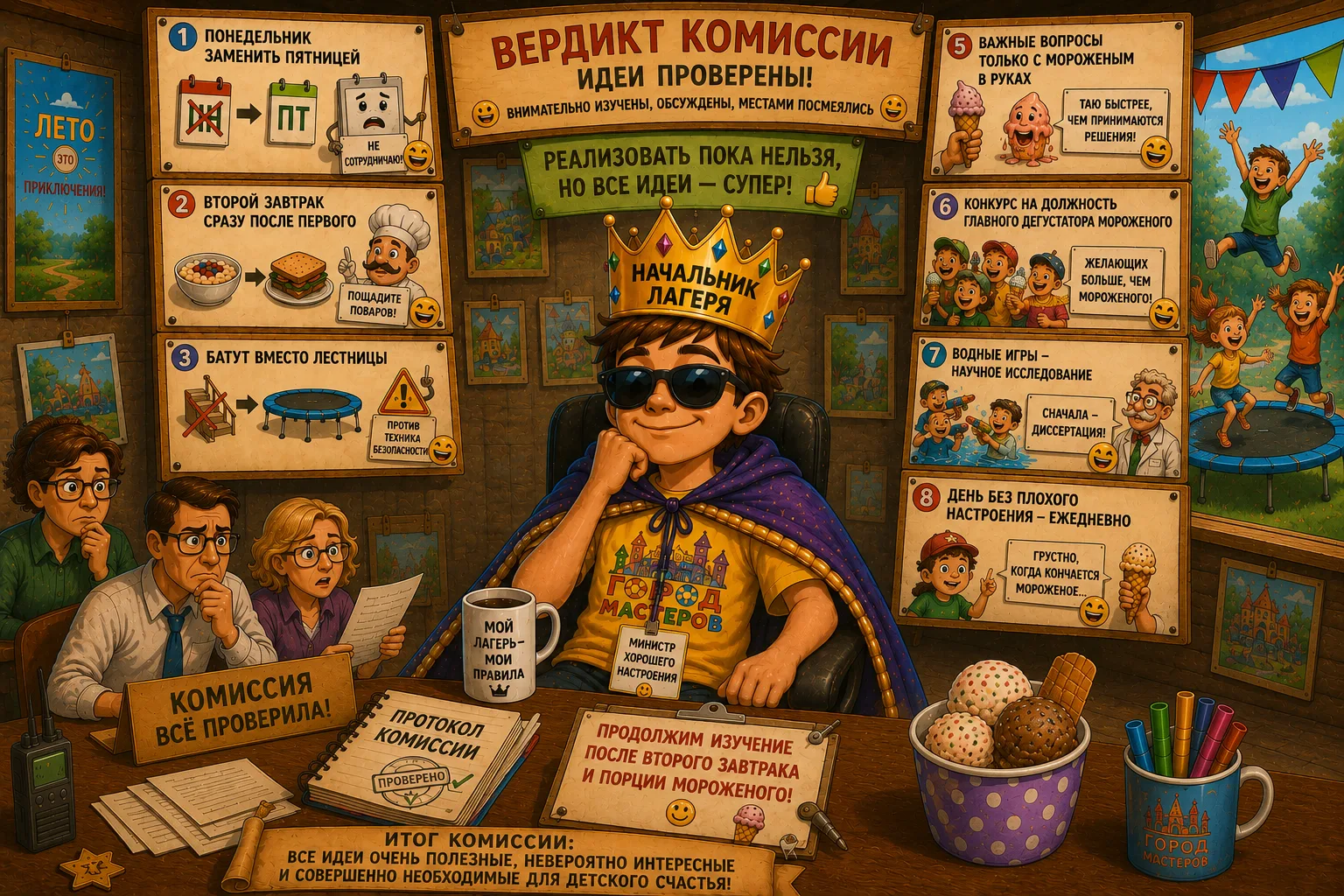 Комиссия проверила идеи детского начальника лагеря, внимательно их изучила, обсудила и вынесла верди