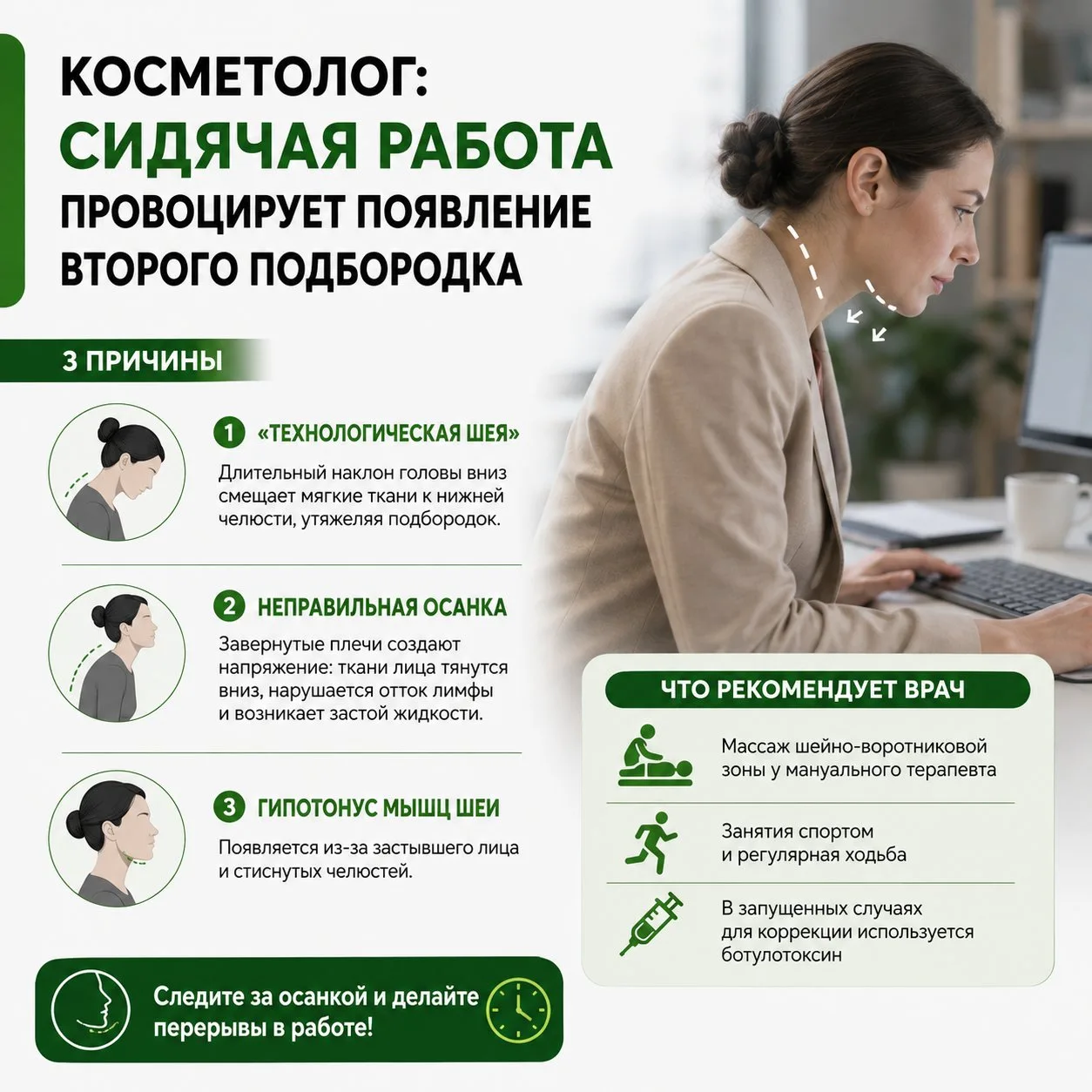 Косметолог: сидячая работа провоцирует появление второго подбородка