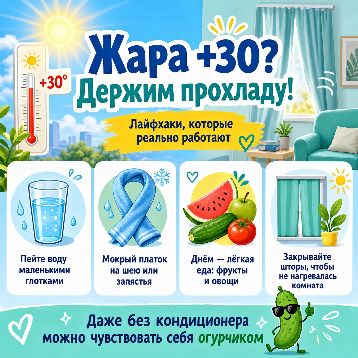 Лето — это круто, но когда термометр показывает +30, даже мороженое не спасает. Делимся лайфхаками, 