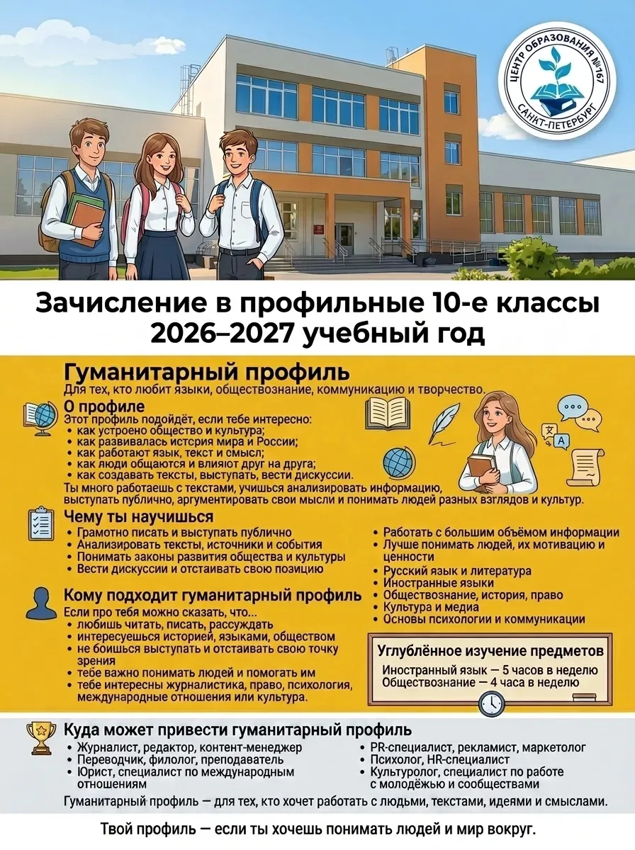 ВНИМАНИЕ! ГБОУ ЦО 167 объявляется набор в 10-е классы на 2026–2027 учебный год!

Мы предлагаем неско