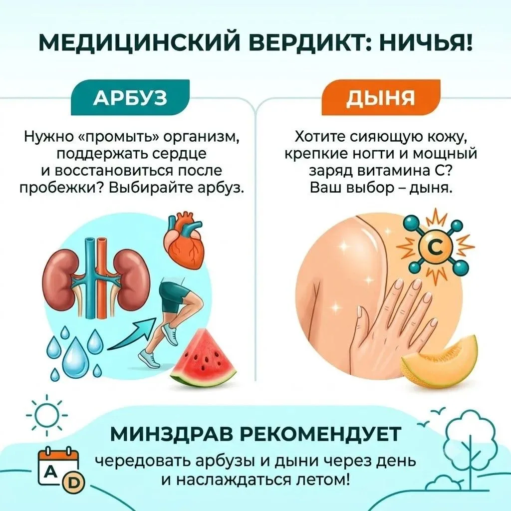 Дыня или арбуз с медицинской точки зрения:

С точки зрения медицины, выбор между арбузом и дыней выг
