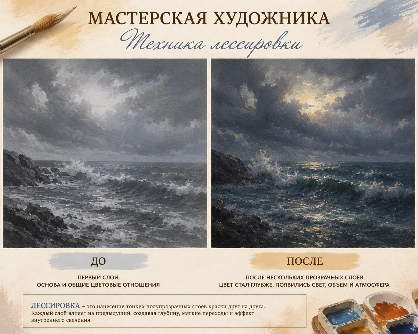 🎨 Мастерская художника
Лессировка — когда картина словно светится изнутри
Почему картины великих ху