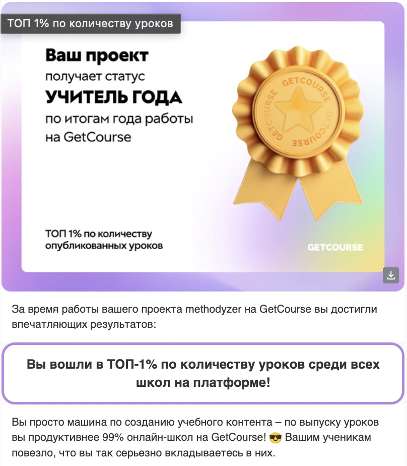 ТОП-1% школ по количеству уроков для учеников