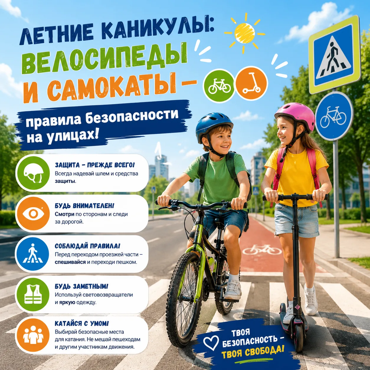 Летние каникулы: Велосипеды и самокаты — правила безопасности на улицах! 🛴🚲

Лето — время свободы 
