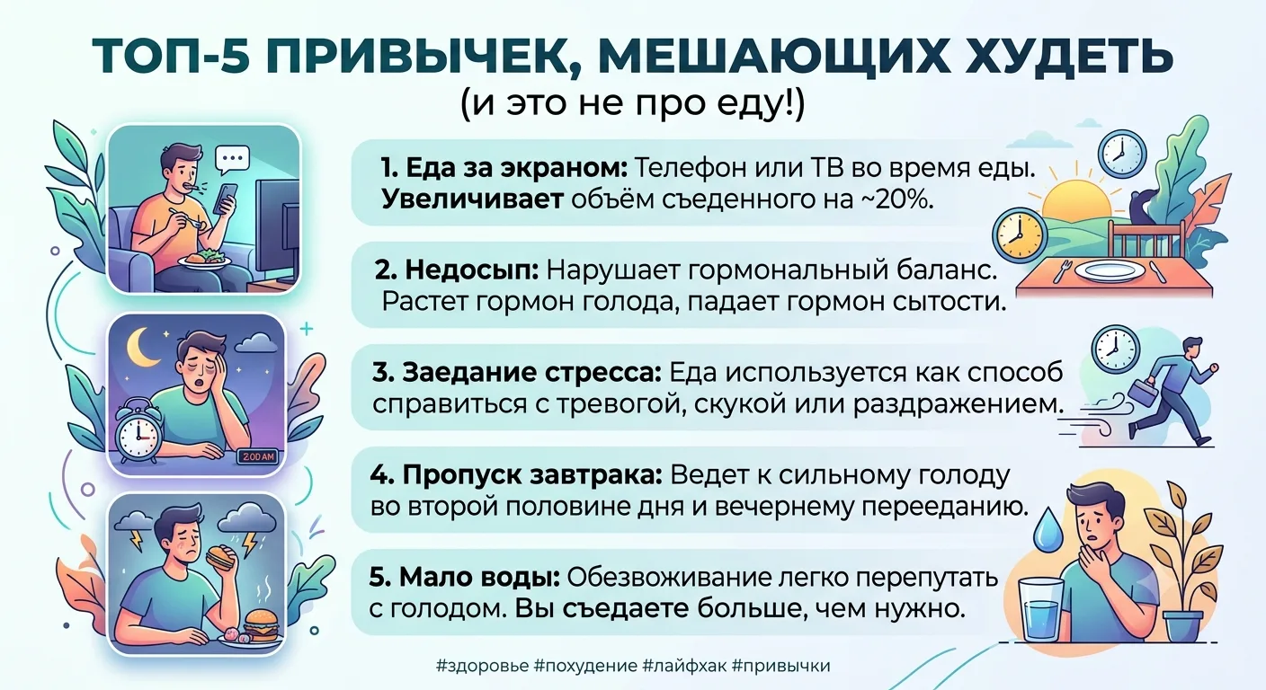 Топ-5 привычек, которые мешают худеть — и это не про еду

Считаешь калории, но вес не двигается? Дел