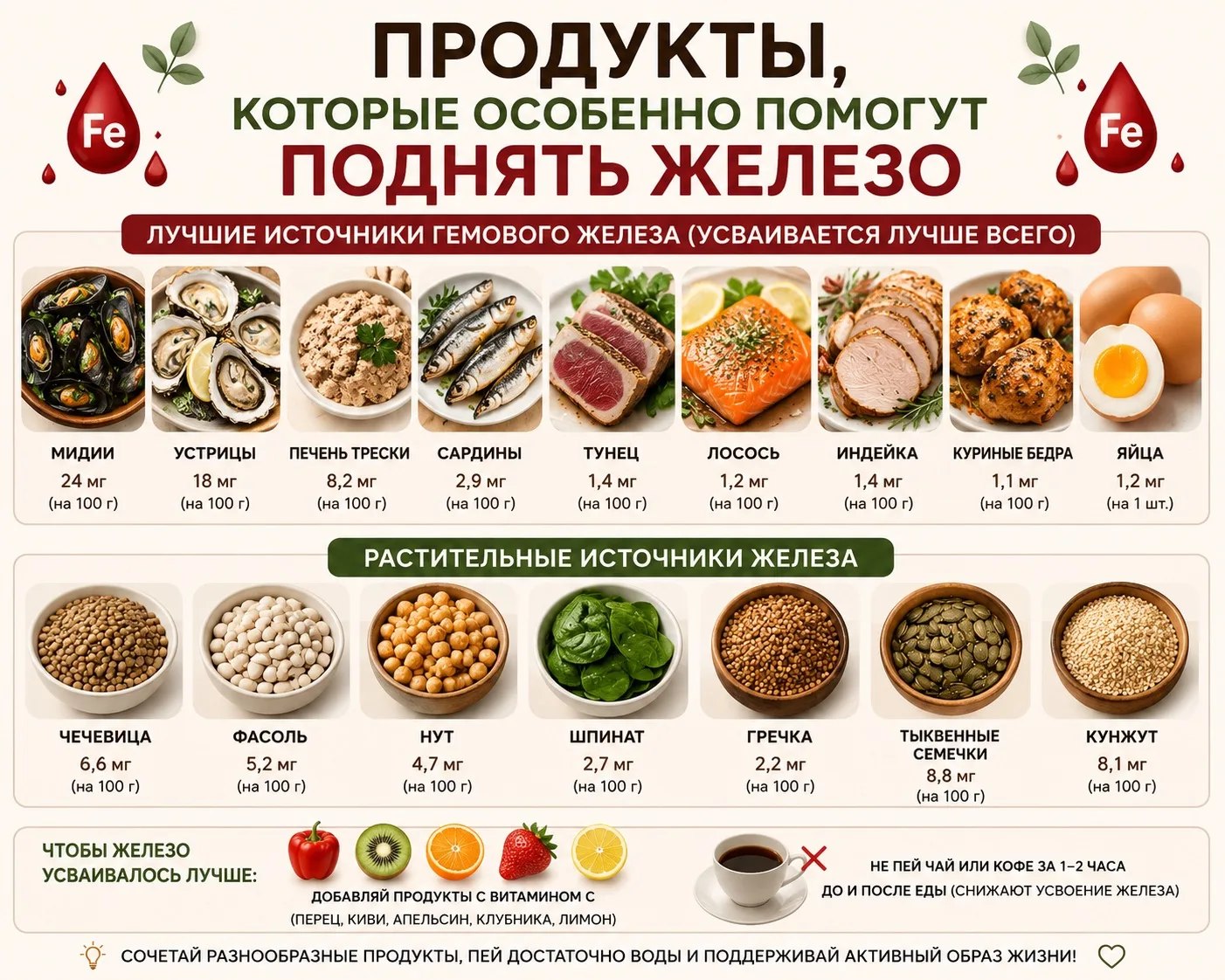 🍖Продукты, которые особенно помогут поднять железо

🥇 Самые полезные:

мидии
печень трески (не каж