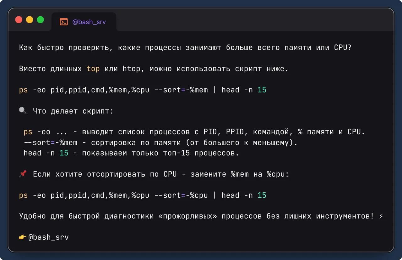 Как быстро проверить, какие процессы занимают больше всего памяти или CPU?