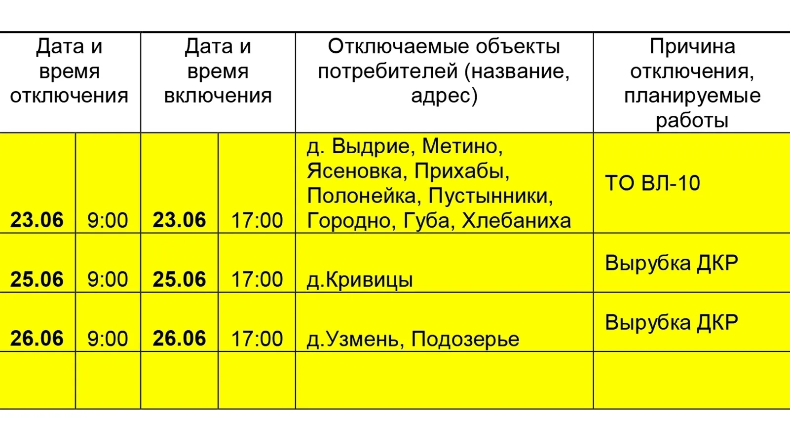 ❗Внимание населению❗
Плановое отключение электроэнергии 23.06.26- 26.06.26

#АдминистрацияКуньинског